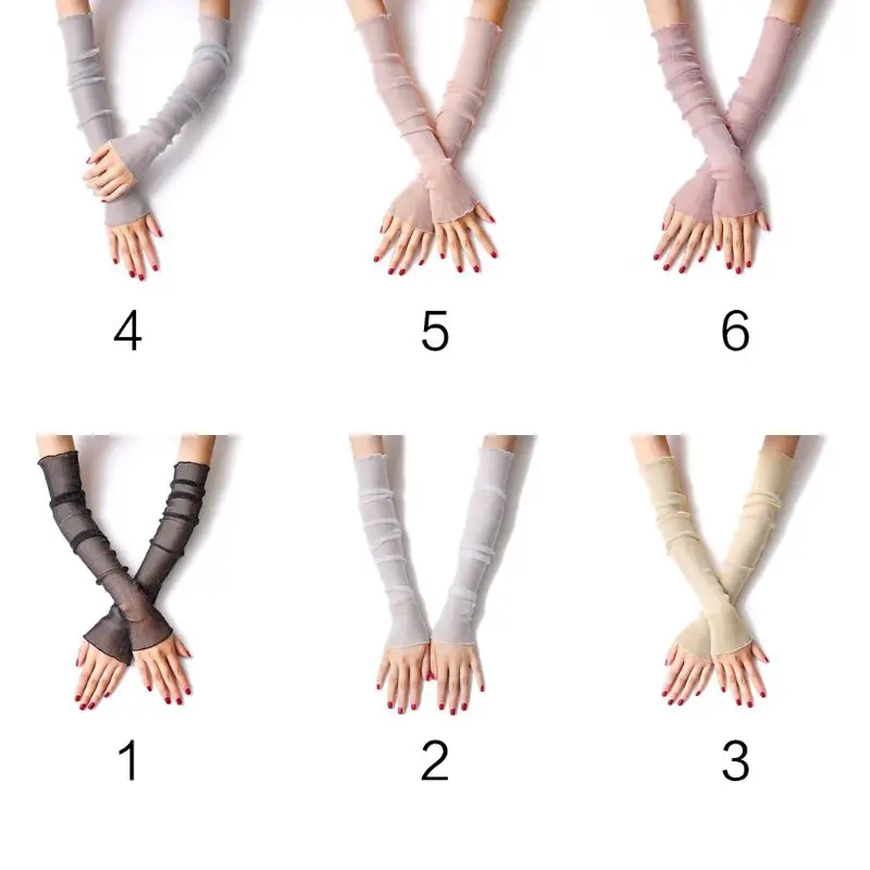 

Women Girls Ultra-Thin Sheer Glitter Mesh Long Lace Gloves Metallic Shimmer Solid Color UV Protection Arm Sleeves Ruffles Trim