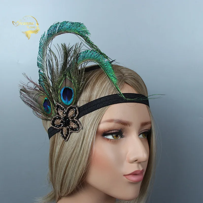 

Peacock Feather Black Bride Elastic Bridal Head Band Beading Colorful Feather Beautiful Headband for Wedding Formal Occasion