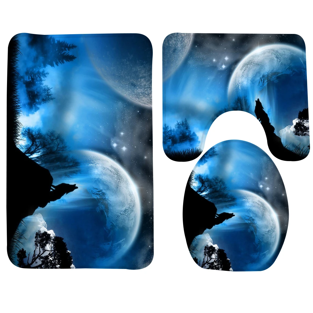 3pcs Bath Rug Sets Cartoon Wolves Pattern Bathroom Anti Slip Mat Soft Foam Shower and Toilet Set | Дом и сад