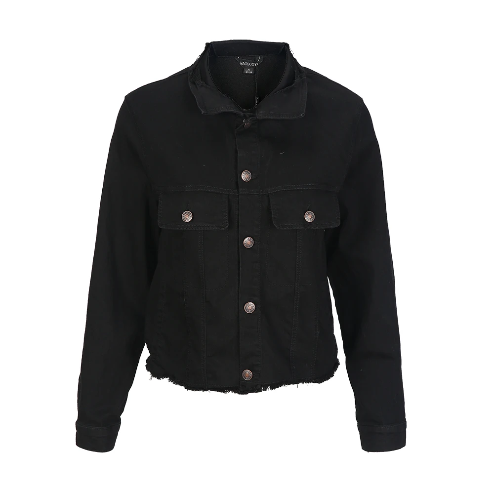 HYH Haoyihui Women Black Denim Jacket Casual Long Sleeve Button Female Short Outwear Streetwear Seqiuned Back Ladies Cowboy Coat | Женская
