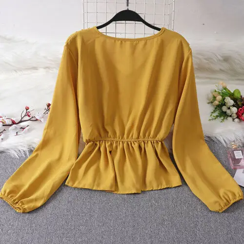 Модная женская рубашка с v-образным вырезом топы длинными рукавами блузки