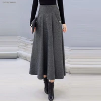 high waist retro plaid woolen women skirts winter 2019 fashion warm winter office wool pleated maxi skirt femme saia longa