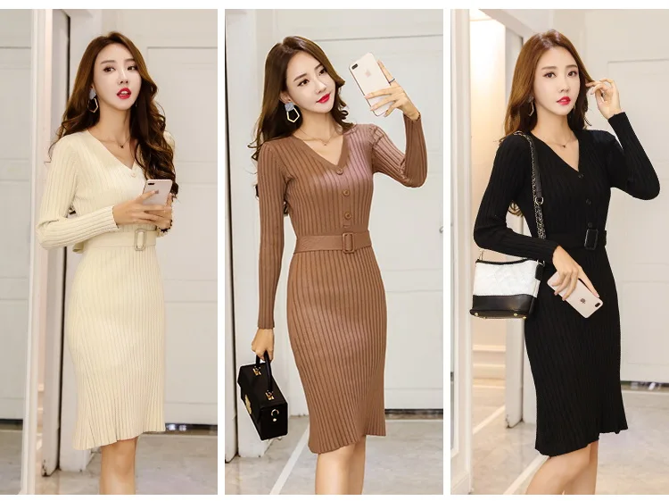 New Autumn Winter Bodycon Knitted Dress Women Long Sleeve Sexy V Neck Belt Knee Length Casual Office Lady Sweater Dresses L2460