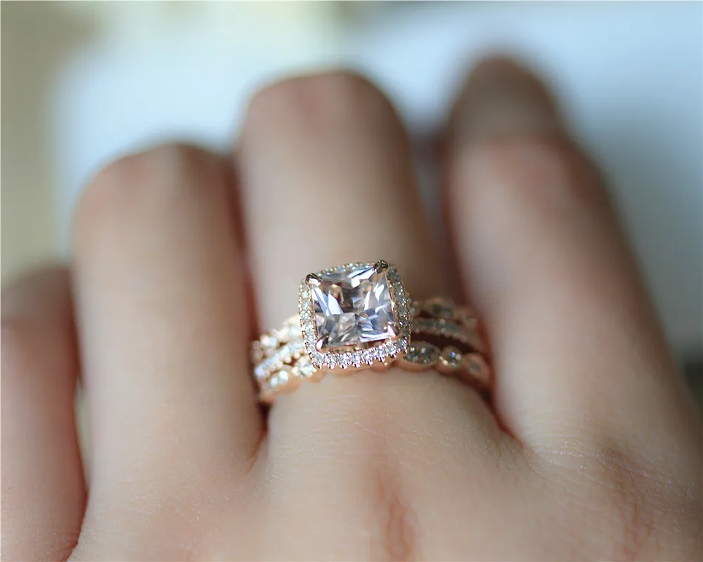 

DUPUY VS 7mm Princess Cut Morganite Engagement Ring Set Art Deco Half Eternity Diamond Wedding Ring Sets 3pcs 14K Rose Gold Set