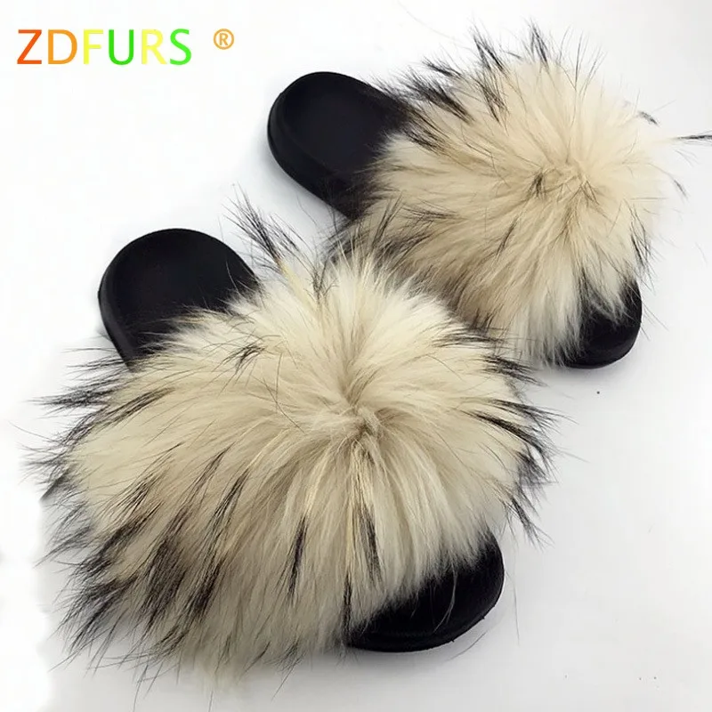 ZDFURS*/Новинка года; женские тапочки из натурального меха енота; повседневные летние шлепанцы без задника с мехом лисы; Вьетнамки; обувь для дома и улицы