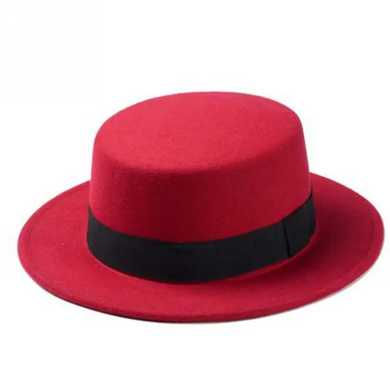 New Fashion Wool Boater Flat Top Hat For Women Felt Wide Brim Fedora |