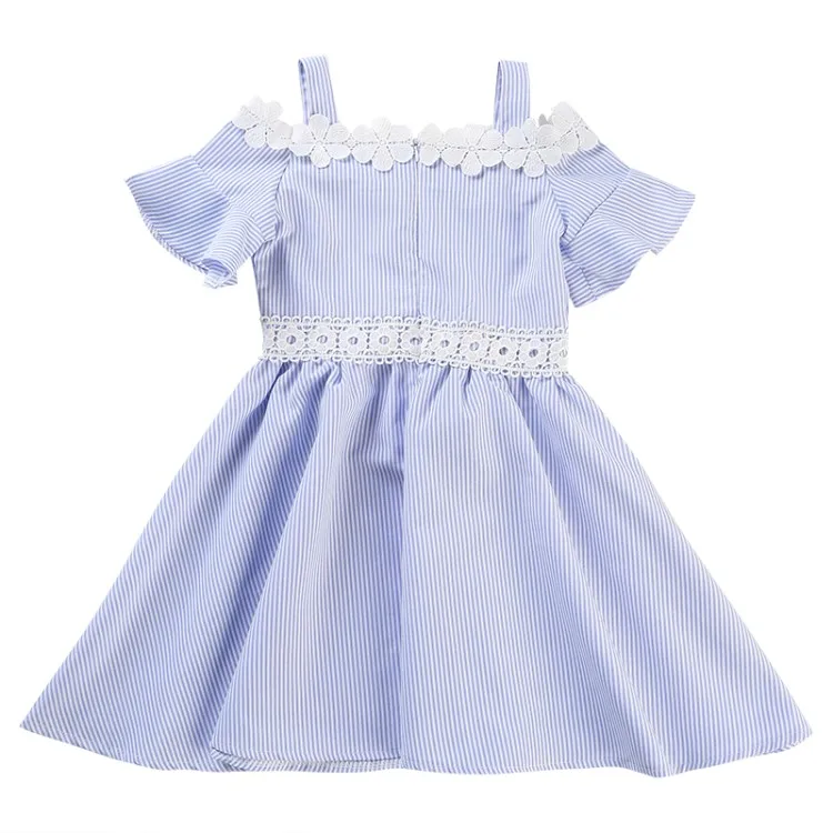 girls new fashion off-the-shoulder striped dress children flare clothing child lacework clothes baby shoulderless dresses | Детская