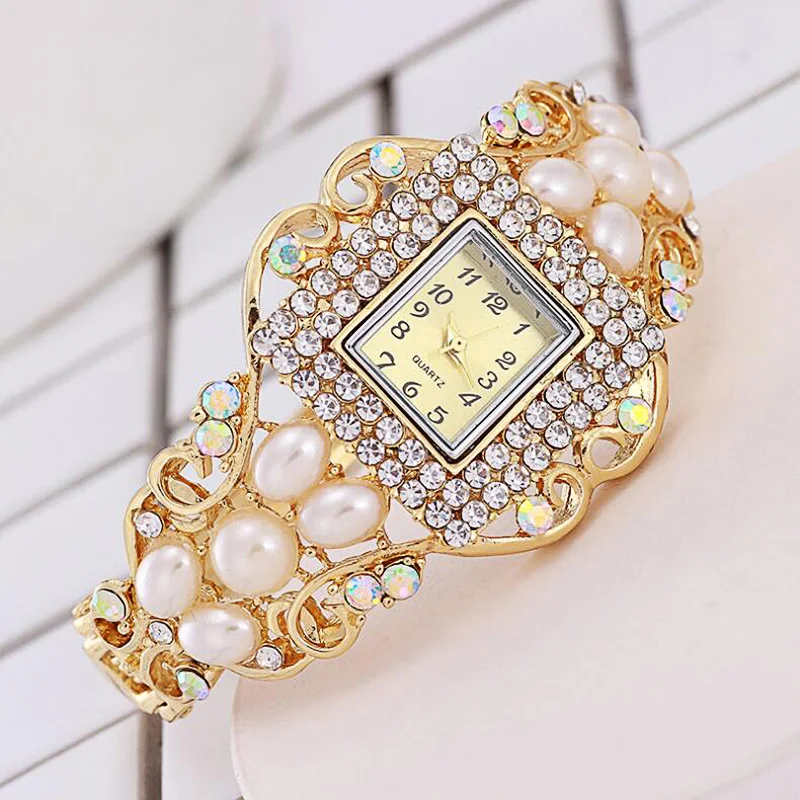 Жемчуг женские Модные Diamond Pearl браслет Таблица жемчуг K золотой браслет часы жемчужный браслет часы платье часы Для женщин