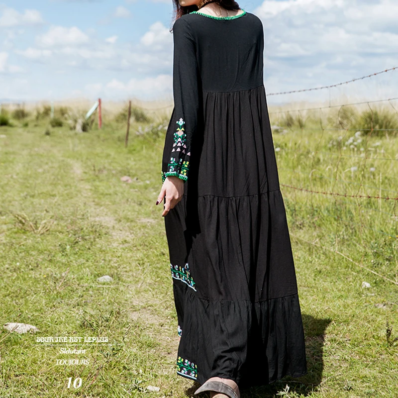 BOHO вдохновленный черный зимнее платье цветочной вышивкой женские макси платья