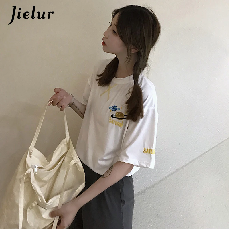 Jielur шик Футболка для женщин забавные вышивка Лунная звезда письмо белая розовый
