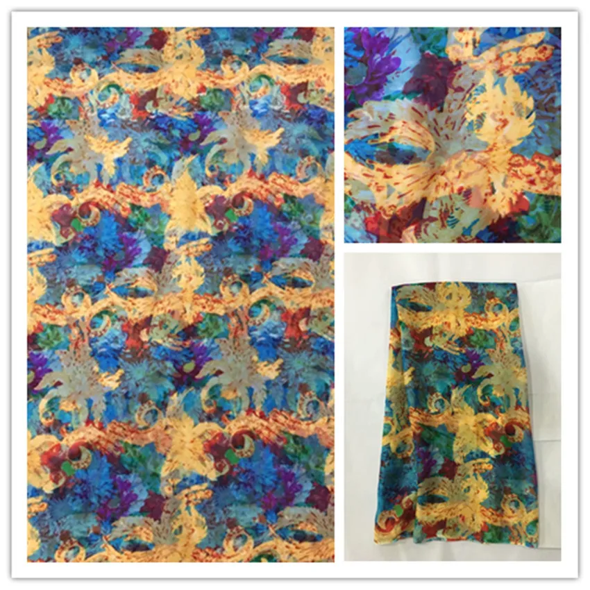 

140cm Thin 100%Pure Natural Mulberry Silk Chiffon Digital Printed Blue Fabric Material Textile Sew Women Dress Scarf Cloth DS32