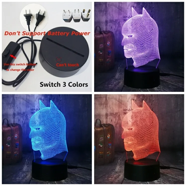 Switch only 3 Color Lustre Cool DC Hero Бэтмен голова светодиодный 3d-ночник USB настольная лампа Рождественские украшения для дома фестиваль подарки подарок на день рождения малыш мальчик игрушки - Испускаемый цвет: Switch only 3 Color
