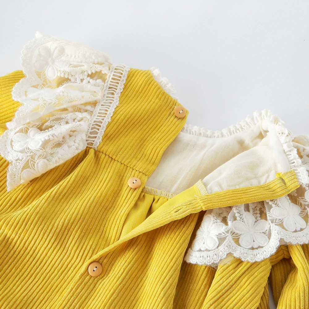 MyLittleOne 2019 Fall Kids Frock Designs Sweet Yellow Lace Corduroy Baby Girl dress | Детская одежда и обувь