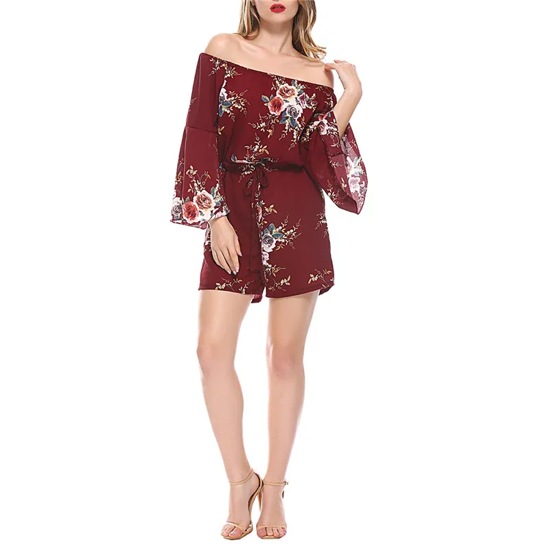 Женский комбинезон с открытыми плечами элегантный длинным Расклешенным рукавом