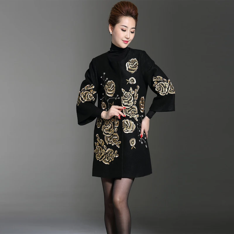 Женское двубортное пальто с цветочной вышивкой Осеннее/зимнее 2019|woolen overcoat|fashion