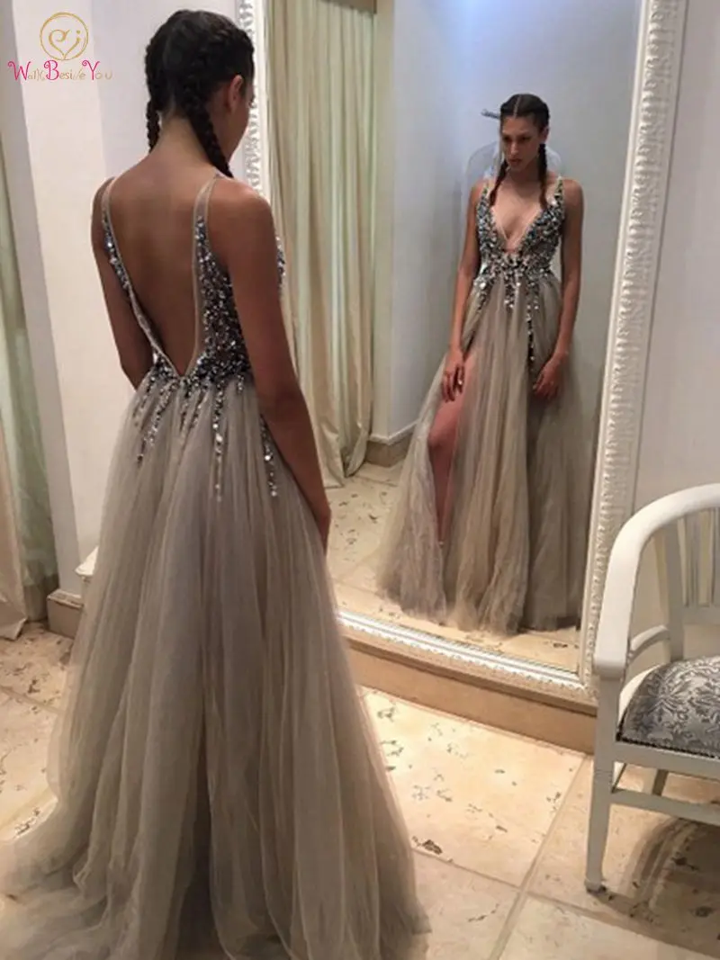 

Elegant Champagne Prom Dresses 2019 New A Line Sleeveless V Neck Floor Length Long Crystal Split Dress Tulle Formal Evening Gown