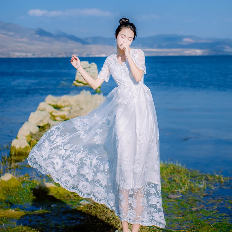 Вечерние одежда летнее платье 2018 Короткие рукава кружевные нарядные платья