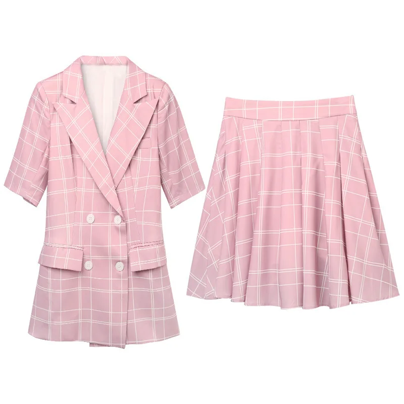 Летний милый розовый клетчатый комплект из 2 предметов для женщин новинка 2019