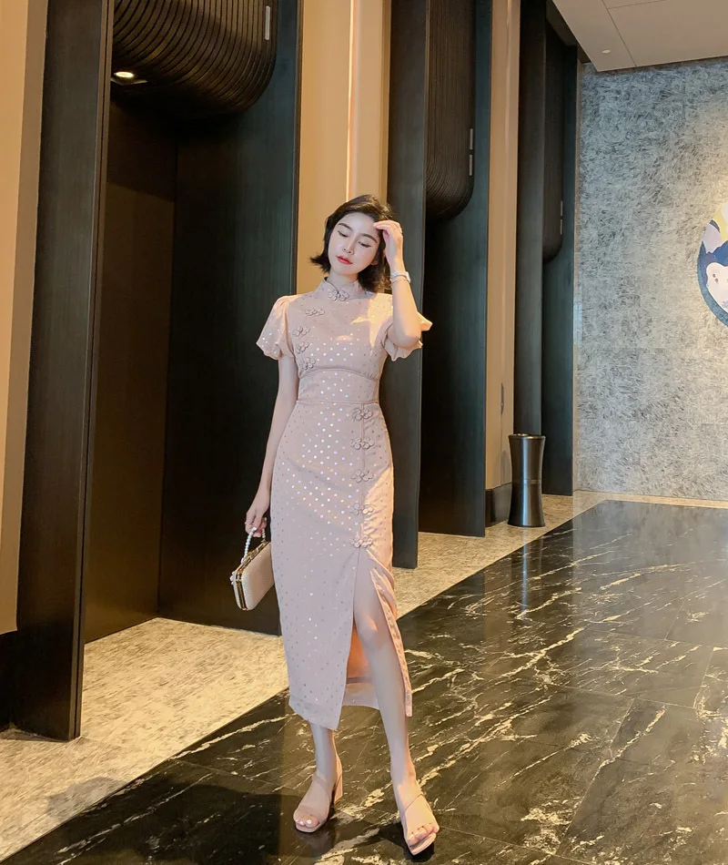 Летние винтажные платья Cheongsam, офисный Женский Бандаж, Сплит, Сексуальные вечерние платья, стоячий воротник, короткие пышные рукава, высококачественное женское платье