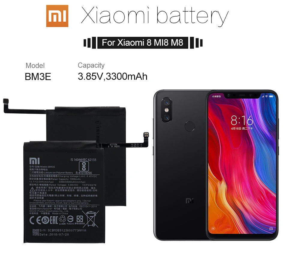 Сменный аккумулятор для телефона Xiao mi BM3E, 3300 мА/ч, высокая емкость, высокое качество, для Xiaomi mi 8, M8, mi 8, подлинный аккумулятор+ Инструменты