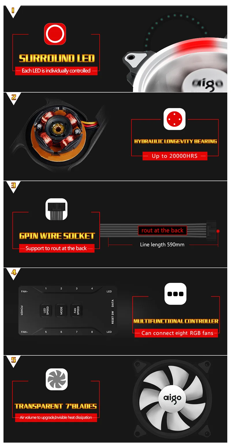 Aigo darkFlash Aurora C5, комплект, чехол для ПК, вентилятор, RGB светодиодный, 120 мм, Охлаждающие вентиляторы, регулировка, цветной, PC, cpu, чехол для компьютера, Охлаждающий радиатор