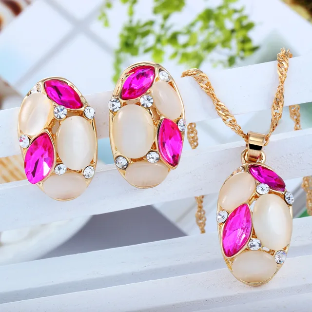 Luxurious Designer Jewelry sets Gold Color Chain with Opal and Colorful Crystal Water Drop Pendant Necklace and Stud Earrings 3