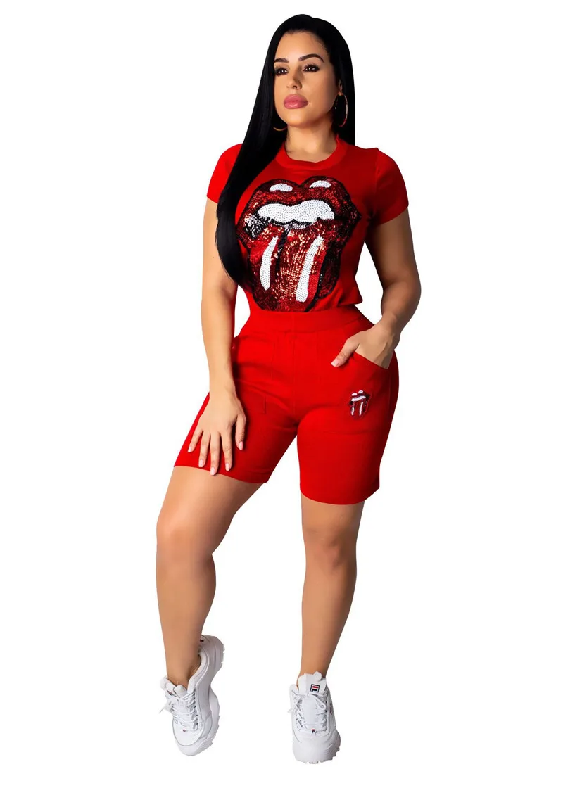 Летний комплект из двух предметов с блестками и губами Повседневный Спортивный