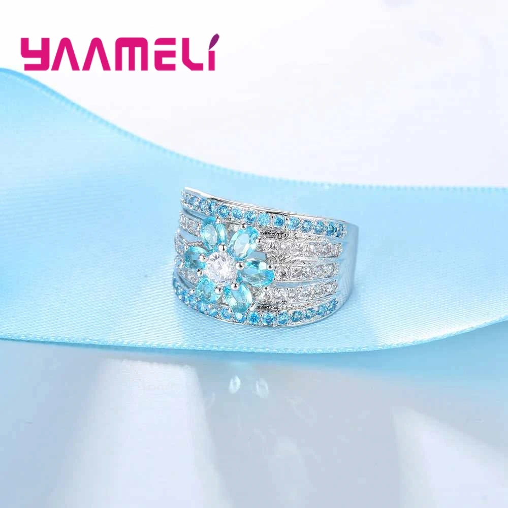 Brand Blue Stone Ornament With White Crystal Flower Shape 925 Sterling Silver Rings For Women Christmas Present | Украшения и
