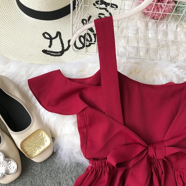 ALPHALMODA праздники с открытыми плечами женские Seashore до середины икры Платье на бретелях галстук-бабочка дамское сексуальное с открытой спиной Vestidos однотонное платье