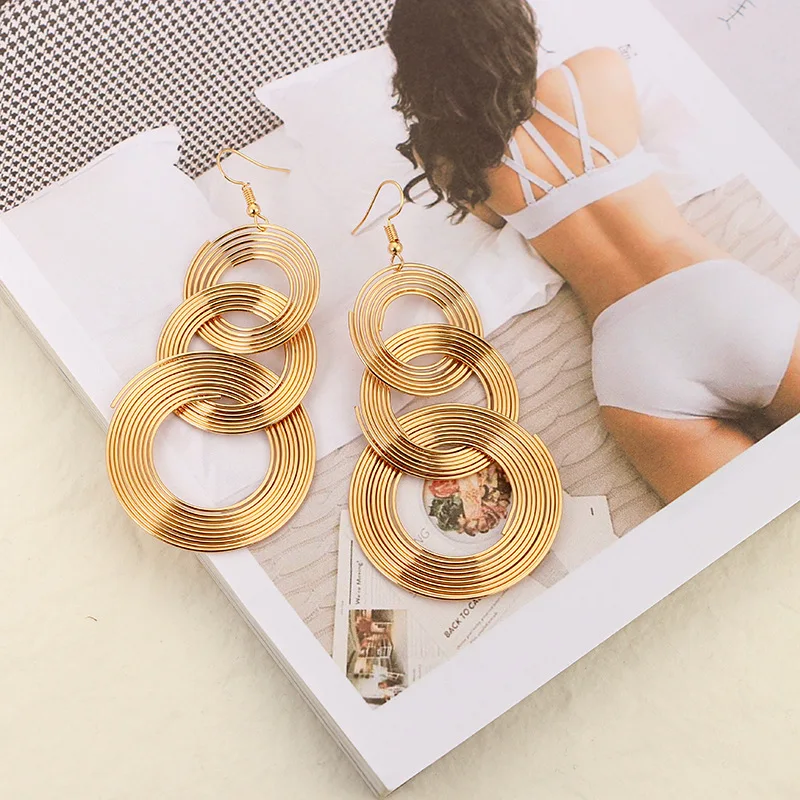 Три круглых висячие серьги из металлической проволоки для женщин и девушек