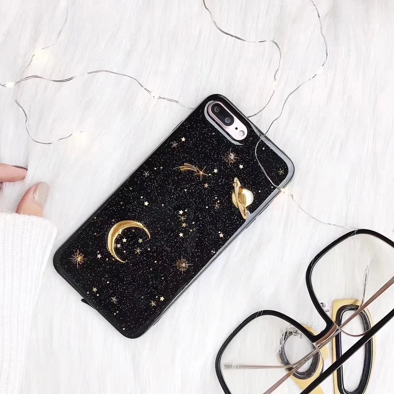 Gold Moon Stars Planet Phone Case For iphone X 6S 6 7 8 Plus Bling Glitter Universe Series Cover Cases Capa |
