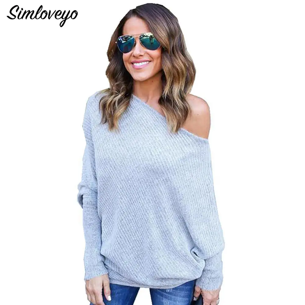 

SIMLOVEYO Autumn Women Sweater Strapless Bat long Sleeve Tops Plus Size Pullovers Off Shoulder Knitted Sweaters One Word collar