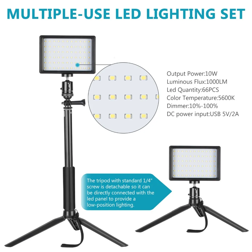 Neewer 2 Packs Dimmable 5600K USB LED Video Light with Adjustable Tripod Stand/Color Filters for Tabletop/Low Angle Shooting
