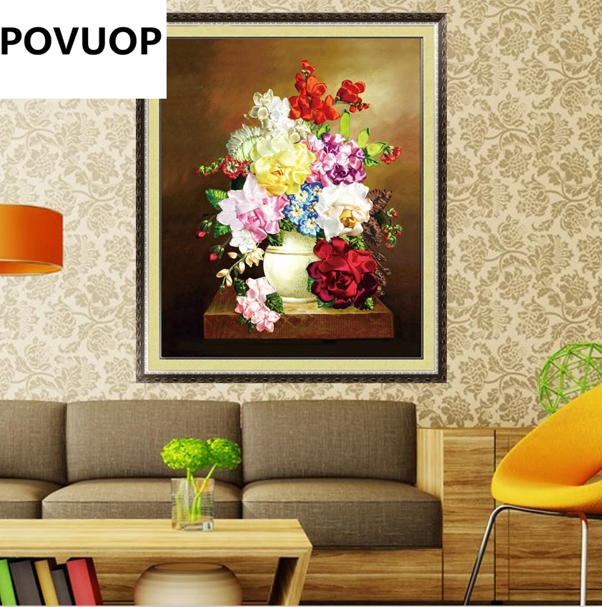 POVUOP ленточная вышивка модные цветочные картины 60X50 см Набор для вышивки крестом трехмерная вышивка