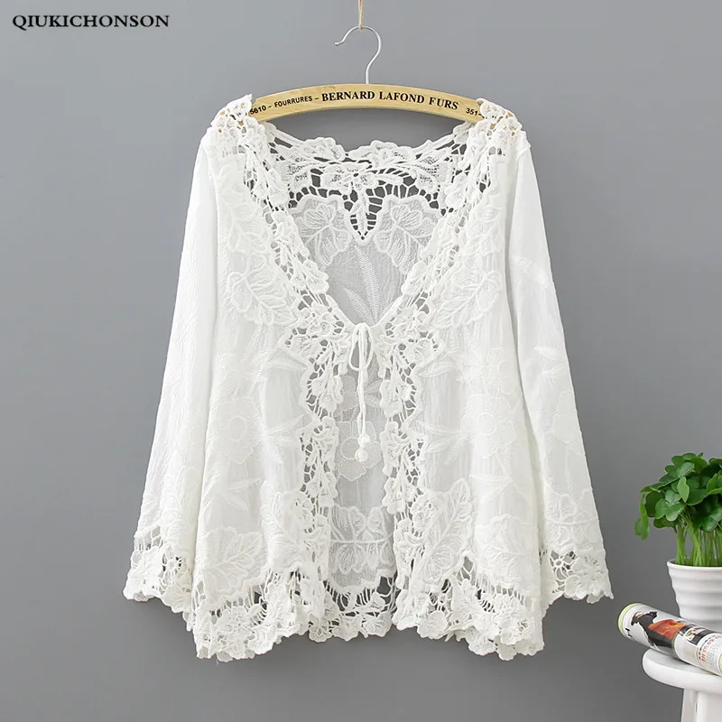 

Qiukichonson White Lace Cardigan Women Boho Hollow Out Flower Embroidery Bikini Cover Up Lace Up Sunproof Kimono Cardigan Tops