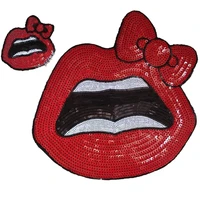 new red lips with bow sequined patches fashion applique iron on patch for clothes bags diy decal apparel accessory 1set hot