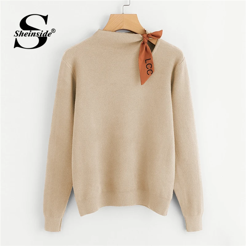 Sheinside, абрикосовый трикотажный джемпер с узелками, женский свитер, повседневный пуловер с длинным рукавом, женская одежда,, Осенние вязаные свитера