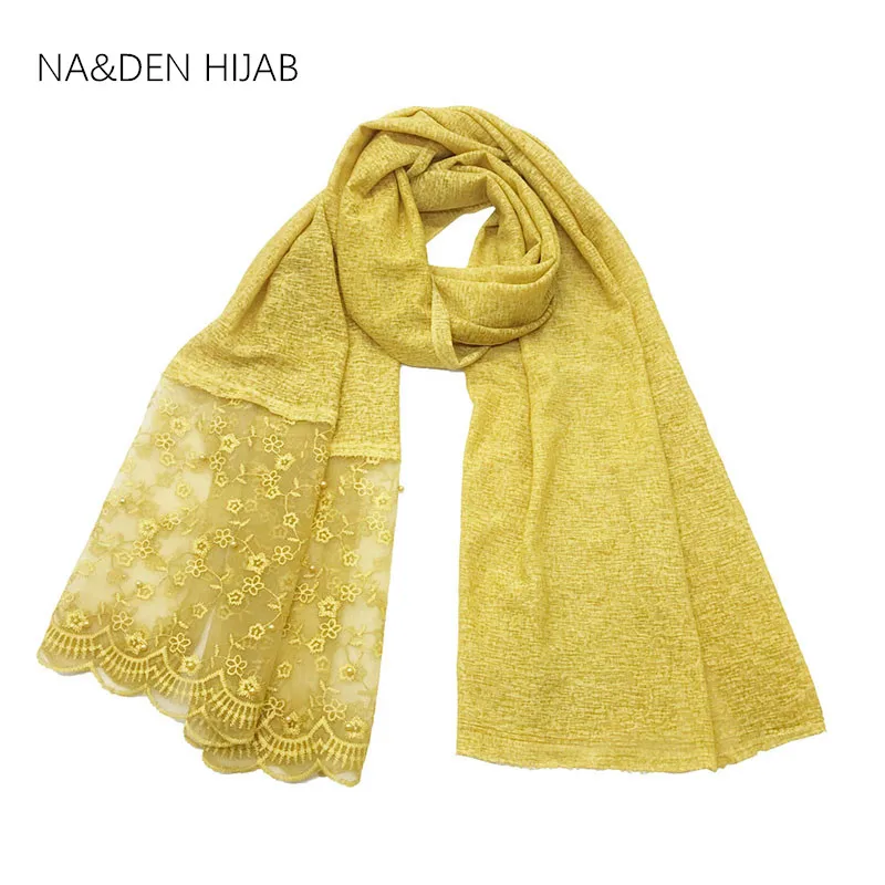 

Women hijabs luxury one side flower lace edges pearls linen viscose plain solid scarf shawl New fashion Muslim wraps 10pcs/lot