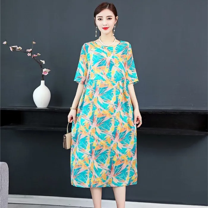 2019 Новое весенне-летнее хлопковое длинное платье с круглым вырезом и конопляным