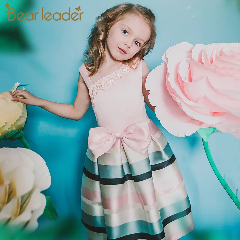 Bear Leader Girls Dresses 2020 New Pearl Flower Party Sleeveless Dress Strap Stripe Princess Bow For 3-8 Years | Детская одежда и
