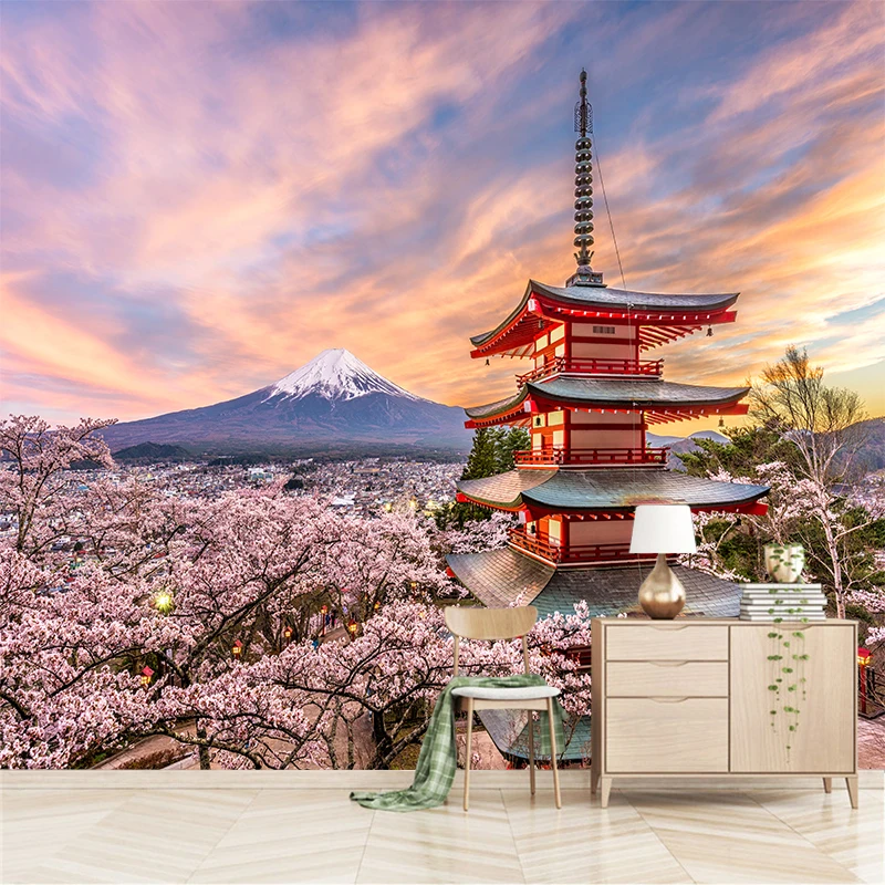 

Custom any size 3D wall mural wallpapers Modern fashion Cherry Blossoms, Towers, Mount Fuji YBZ076