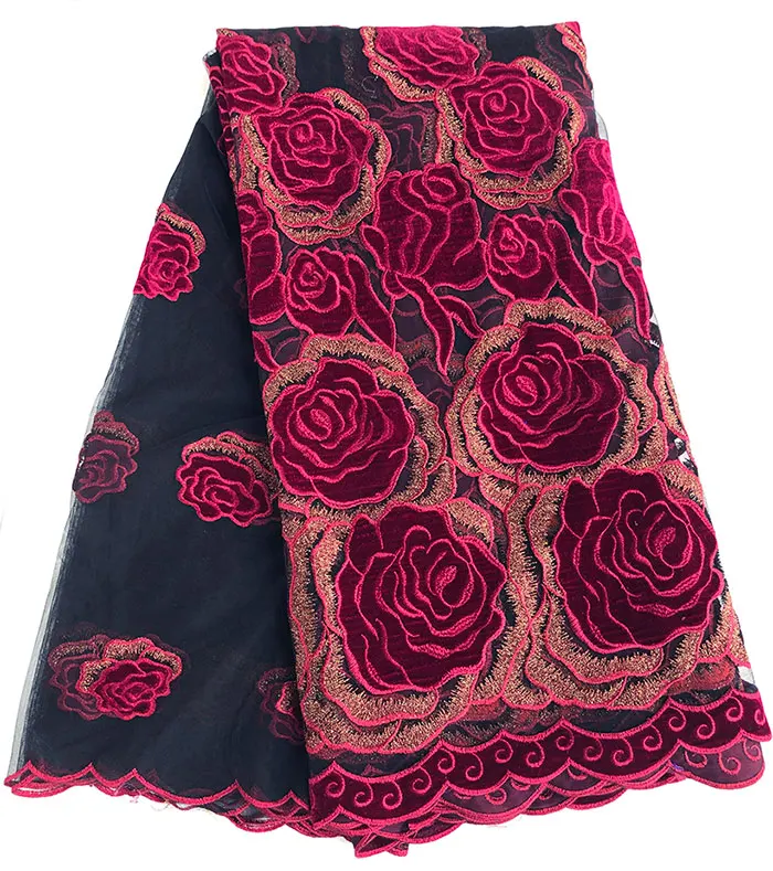 Dark red 5 ярдов бархат тюль кружева АФРИКАНСКАЯ французская кружевная ткань большая Цветочная вышивка нигерийская Гана вечерняя одежда очень мягкая высокое качество - Цвет: Dark red