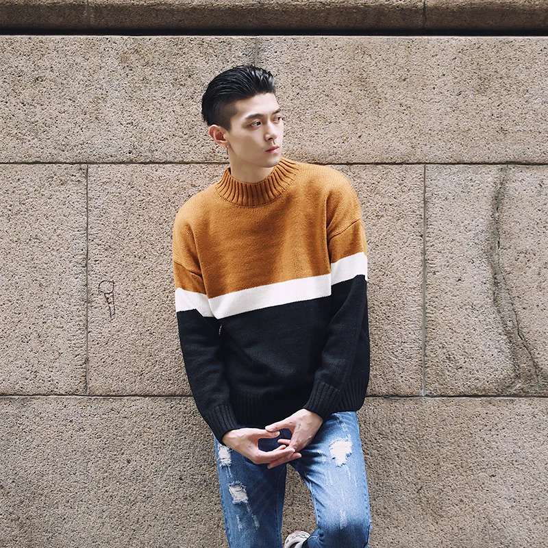 Patchwork knit sweater korean men fashion clothing mens pullover sweaters erkek kazak pull homme black green grey pink | Мужская одежда