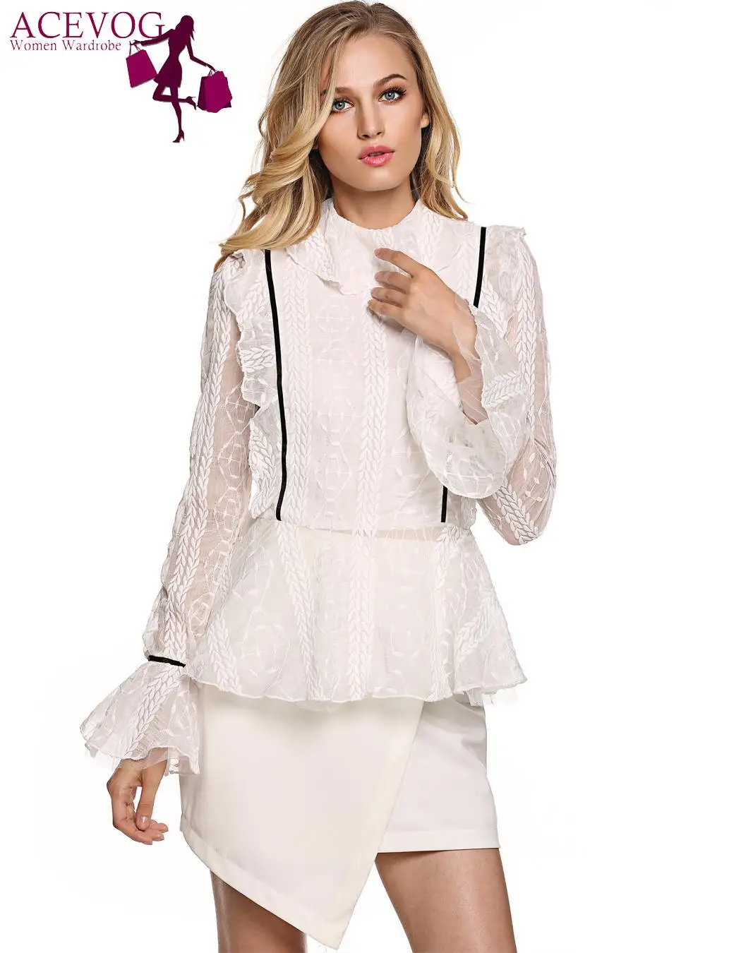 Кружева милые девушки Для женщин FINEJO блузка с длинным Расклешенным рукавом