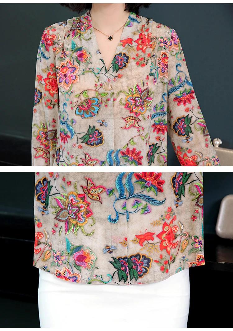 Женская шелковая блузка с длинным рукавом Офисная свободная мягкая цветочным