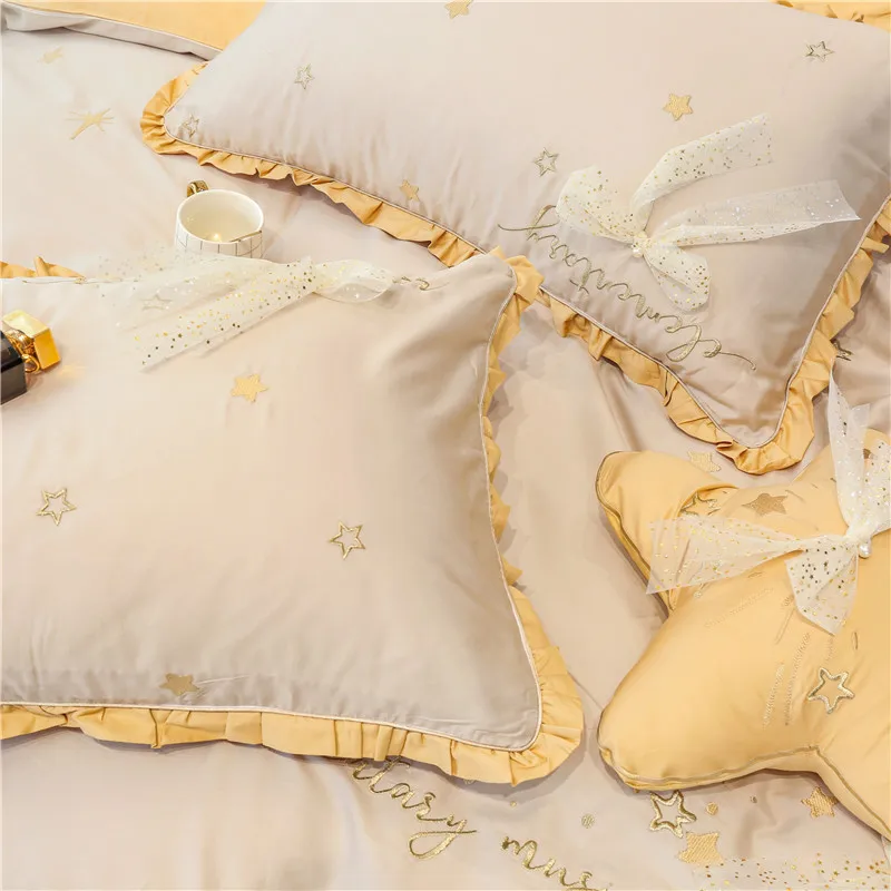 Желтое серое розовое с вышивкой в виде звезд стиле 60-х Египетский хлопок для