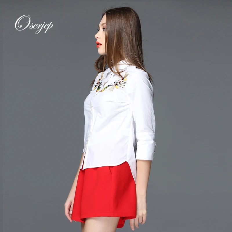 100% Хлопок 2016 Oserjep Лето Женщины Белая Кофточки 7 Очков рукавом Выключите Воротник