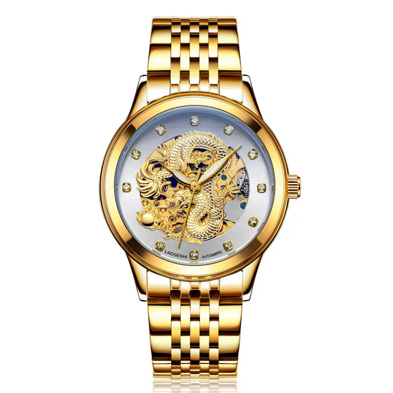 Men Gold white LAOGESHI новые роскошные брендовые золотые часы для пары автоматические механические часы для мужчин и женщин дракон часы с Фениксом новогодние подарки - Цвет: Men Gold white