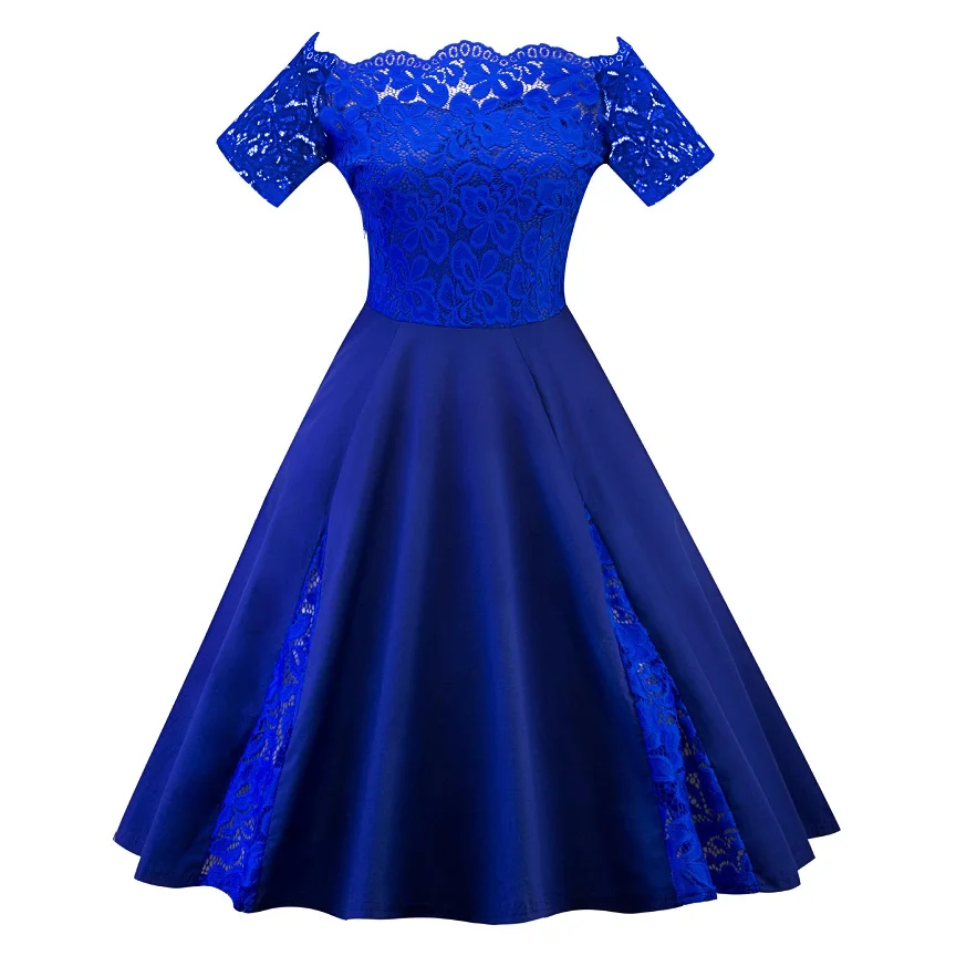 royal blue retro Для женщин Винтаж вечерние платье размера плюс 5XL сексуальный кружевной Панель с открытыми плечами платье Robe Femme женские булавки на шнуровке в стиле ретро платья Vestidos - Цвет: royal blue retro