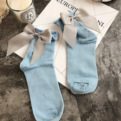 BlueGray Женские носки, хлопковые, японские, с большим бантом, одноцветные, Kerst Sokken, женские короткие милые носки, calcetines mujer, женские, x27s, рождественские носки - Цвет: BlueGray